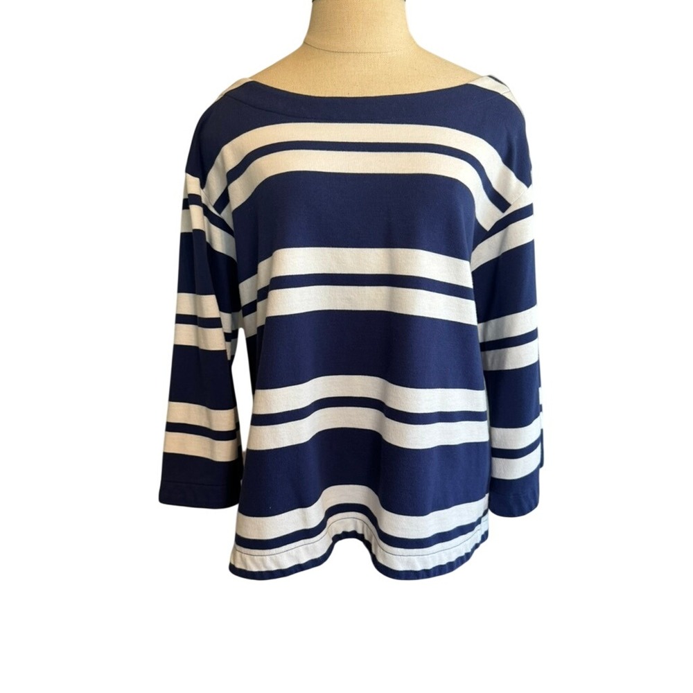 Tommy Bahama Womens Navy White Striped Boat Neck 3/4 Sleeve Split Back Top M